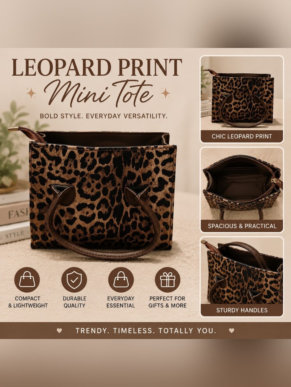 Leopard Print Mini Tote Bag - Chic Brown & Black